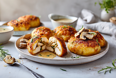 Картофельные зразы с курицей внутри: хрустящая корочка, сочное мясо и грибной соус — объедение