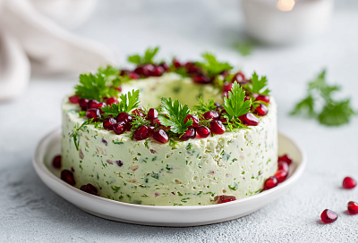 Готовлю салат «Оливье» в форме рождественского венка: эффектная подача с гороховым муссом