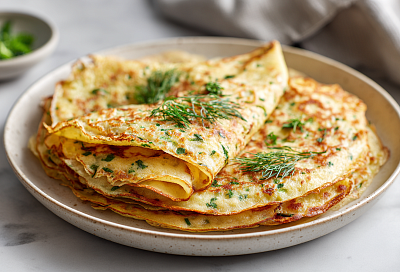 Тонкие блинчики с припёком: колбаса, сыр и зелень внутри — просто объедение