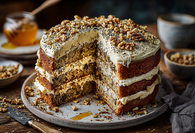 Пеку старинный трёхслойный торт с маком, орехами и изюмом – в детство возвращаюсь одним кусочком