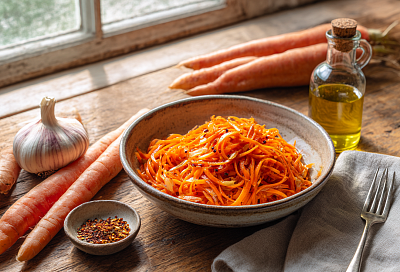 Натираю морковь, заливаю специи раскалённым маслом — и через час в холодильнике получается домашняя морковь по-корейски 