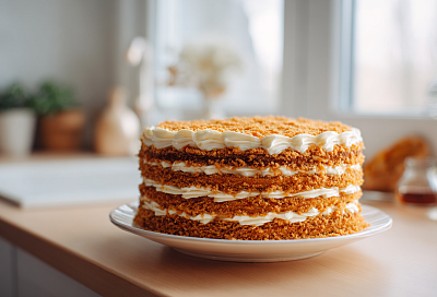 Праздничный медовик с черносливом: пышный торт с кремом из сливок и сыра