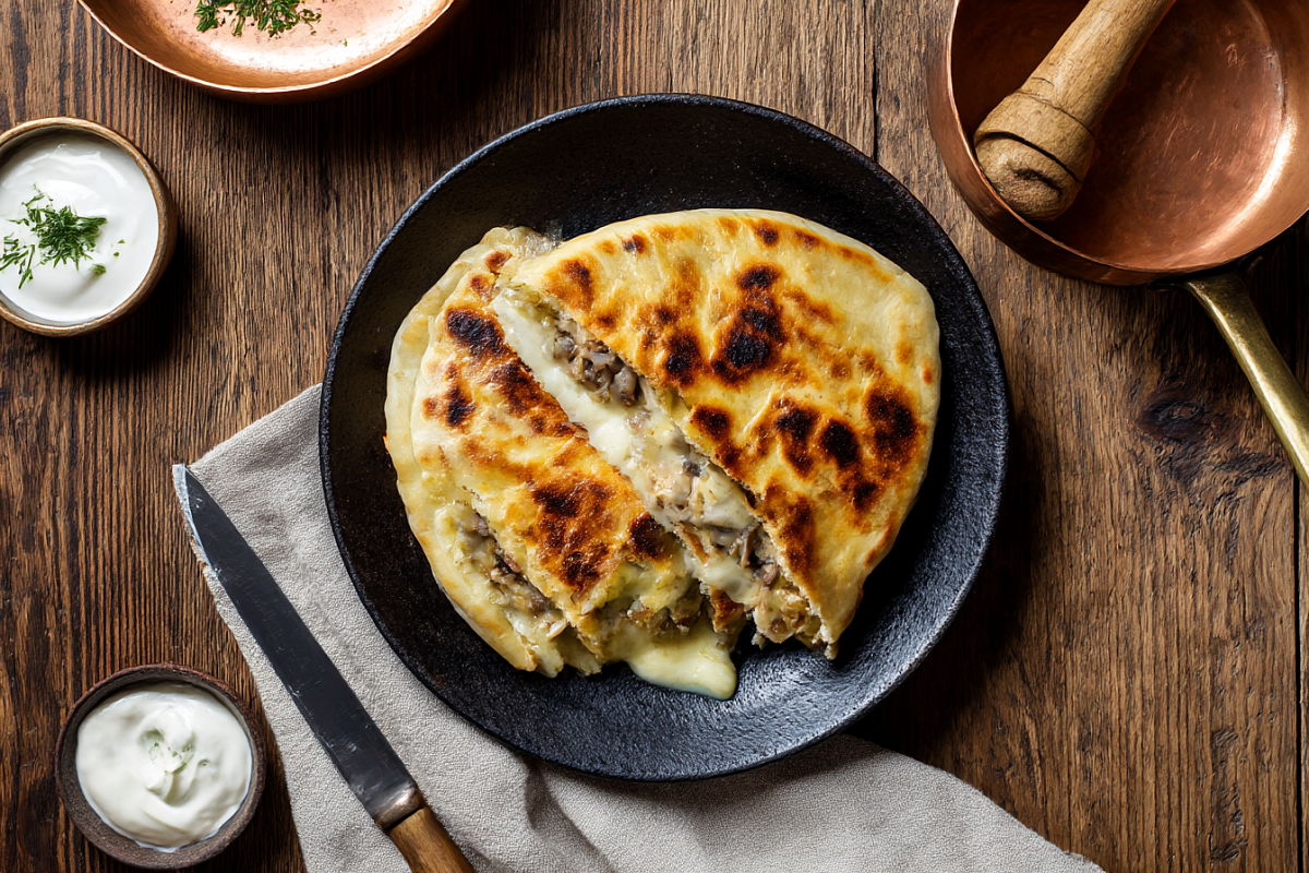 Лепёшки с курицей, грибами и сыром на кефирном тесте