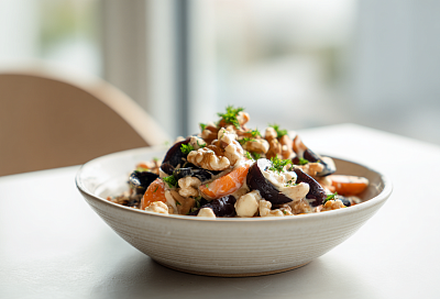 Салат с грибами, черносливом и орехами — сочный, сытный и без мяса