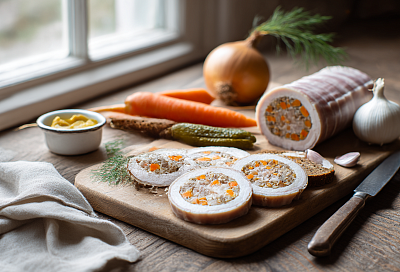 Нарезаю тонкое сало с морковью и луком, заворачиваю в рулет — запекаю и получаю невероятный деликатес!