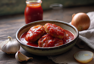 Мелко режу полкило лука, вмешиваю манку — и тушу котлетки в томатном соке так, что их принимают за мясные