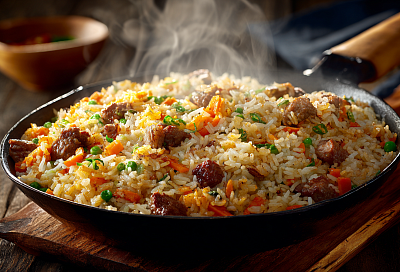 Рис с мясом и овощами: простой, сытный и невероятно вкусный обед за 30 минут