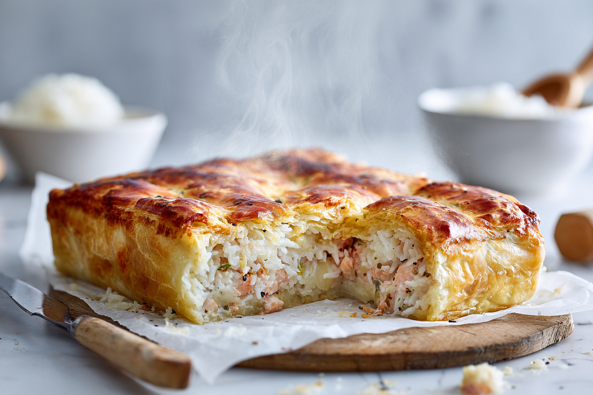 Пышный рыбный пирог как из детства – тесто нежное, рыба сочная, а рис дополняет вкус идеально