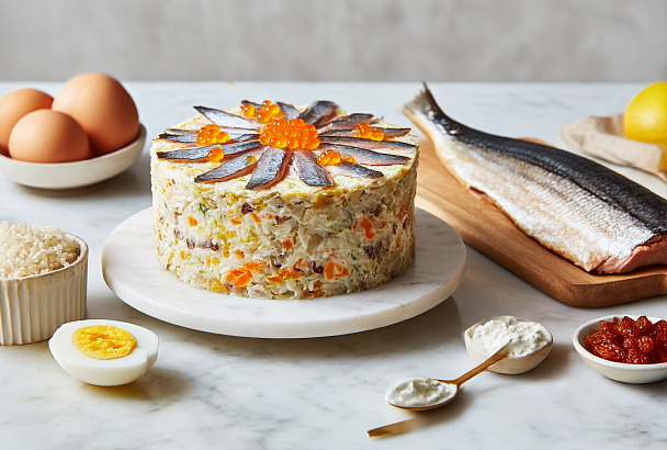 Салат со скумбрией к празднику: много лука, много яиц и слои, которые держат форму