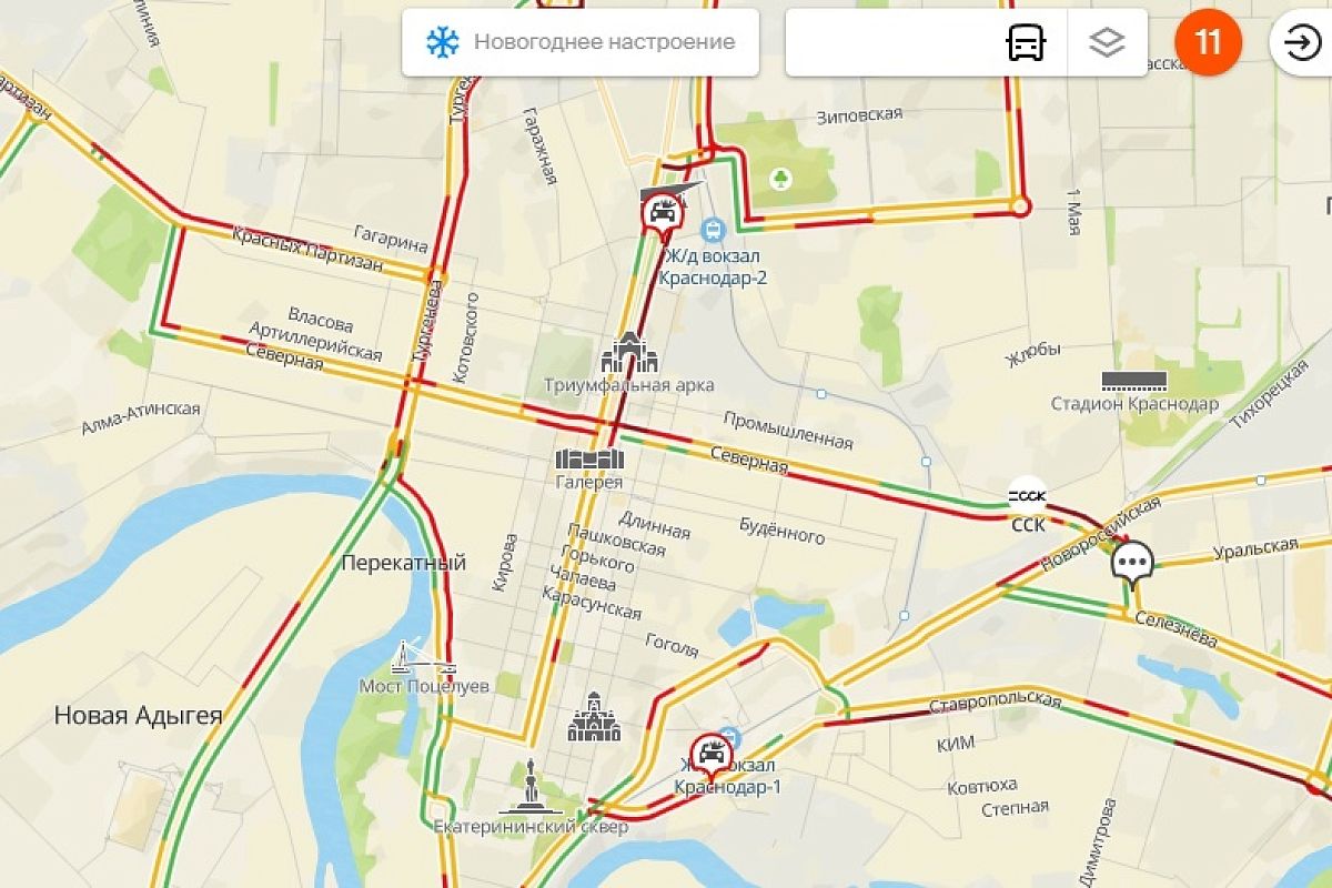 11-балльные пробки образовались в Краснодаре вечером 12 января  