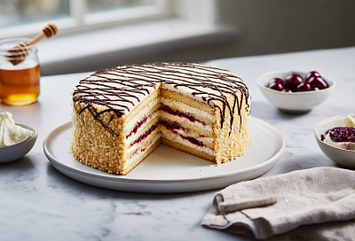 Медовый торт без раскатки коржей: 30 минут работы — и нежнейшие пирожные с вишней