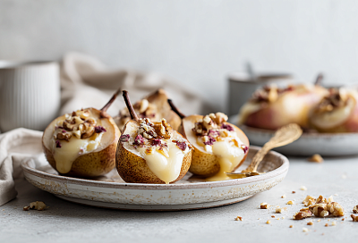 Запечённые груши с камамбером на новогодний стол: добавила мёд и орехи, и через 30 минут на столе лёгкий праздничный десерт