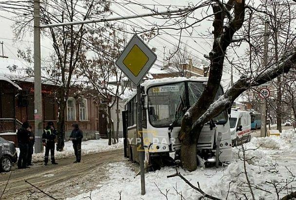 В центре Краснодара автобус с пассажирами врезался в дерево