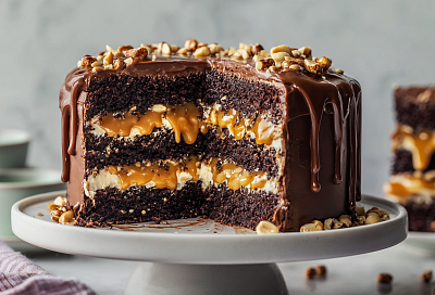 Самый простой рецепт торта «Сникерс»: шоколадный бисквит, солёная карамель с арахисом и нежный крем-чиз