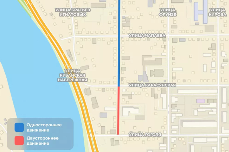 Движение по участку дороги на улице Чкалова в Краснодаре станет двусторонним