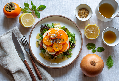 Зимний салат с хурмой, яблоком и маринованным луком для новогоднего стола