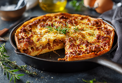 Пирог-пицца на сковороде с фаршем и сыром: сочный, ароматный и без лишних хлопот