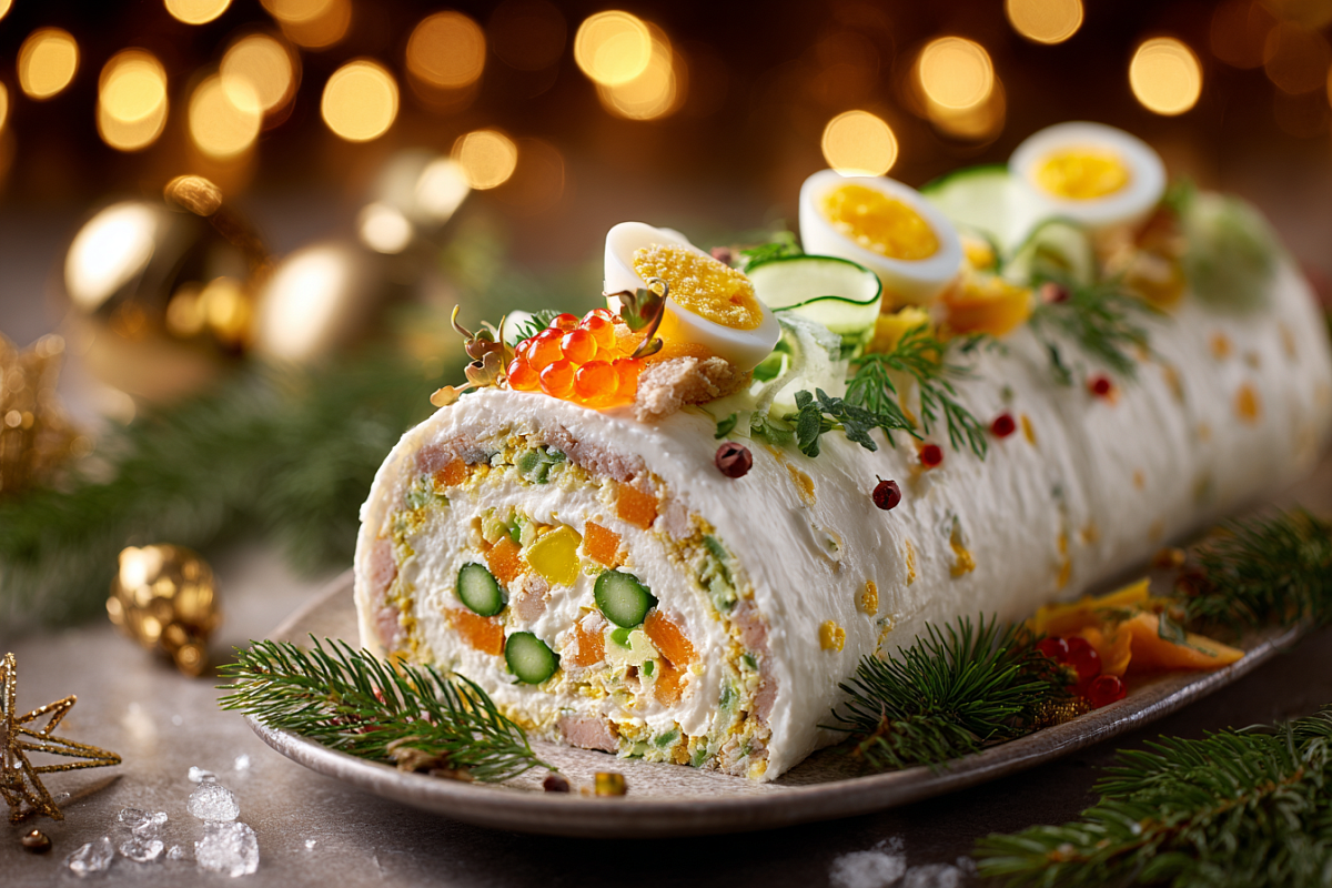 Новогодний рулет-оливье: тот самый вкус, но выглядит как настоящий праздничный торт