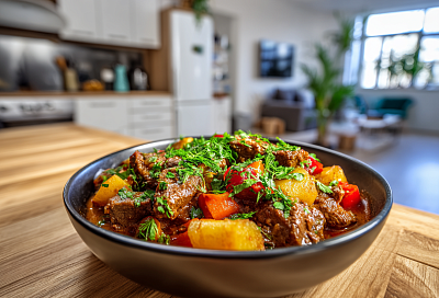 Жаркое по-узбекски: обжарили мясо на сильном огне с луком и специями, а потом тушили с овощами — все соки остались внутри