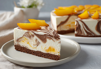 Торт «Лёгкость» на йогурте: воздушный, нежный, тает во рту с шоколадным бисквитом и персиками