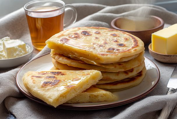 Раскатываю тонкие лепёшки, кладу гору сыра с картошкой — и через минуту на сковороде пузырятся настоящие болгарские хычины