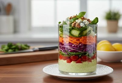 Необычная подача салата в стакане избавит от мытья тарелок