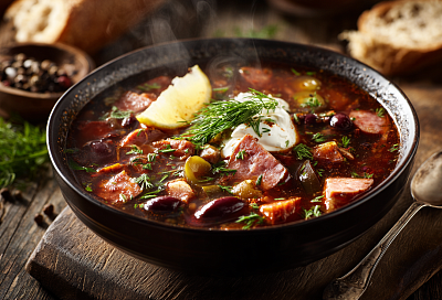 Сборная мясная солянка стала ещё насыщеннее: прогрела томатную пасту с копчёностями, и вкус получился ярким с дымным ароматом