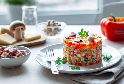 Салат без картошки и сухариков: сытный, яркий и «осенняя полянка» сверху