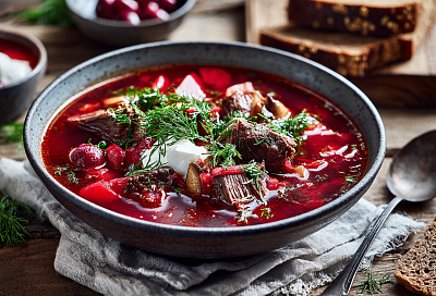 Борщ с вишней и белыми грибами — такой яркий и ароматный, что соседи уже стучатся от запаха