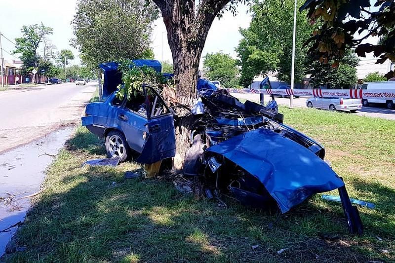 В Краснодарском крае водитель ВАЗа чудом осталась жива, въехав в два столба и дерево