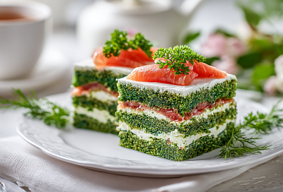 Закусочный торт со шпинатом и рыбой готов за 15 минут: выложила крем на зелёный корж, и на столе яркий праздничный хит