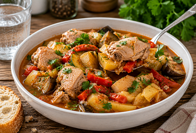 Складываю курицу и овощи слоями, затем томлю 2 часа: домашняя "басма", мясо само отходит от костей