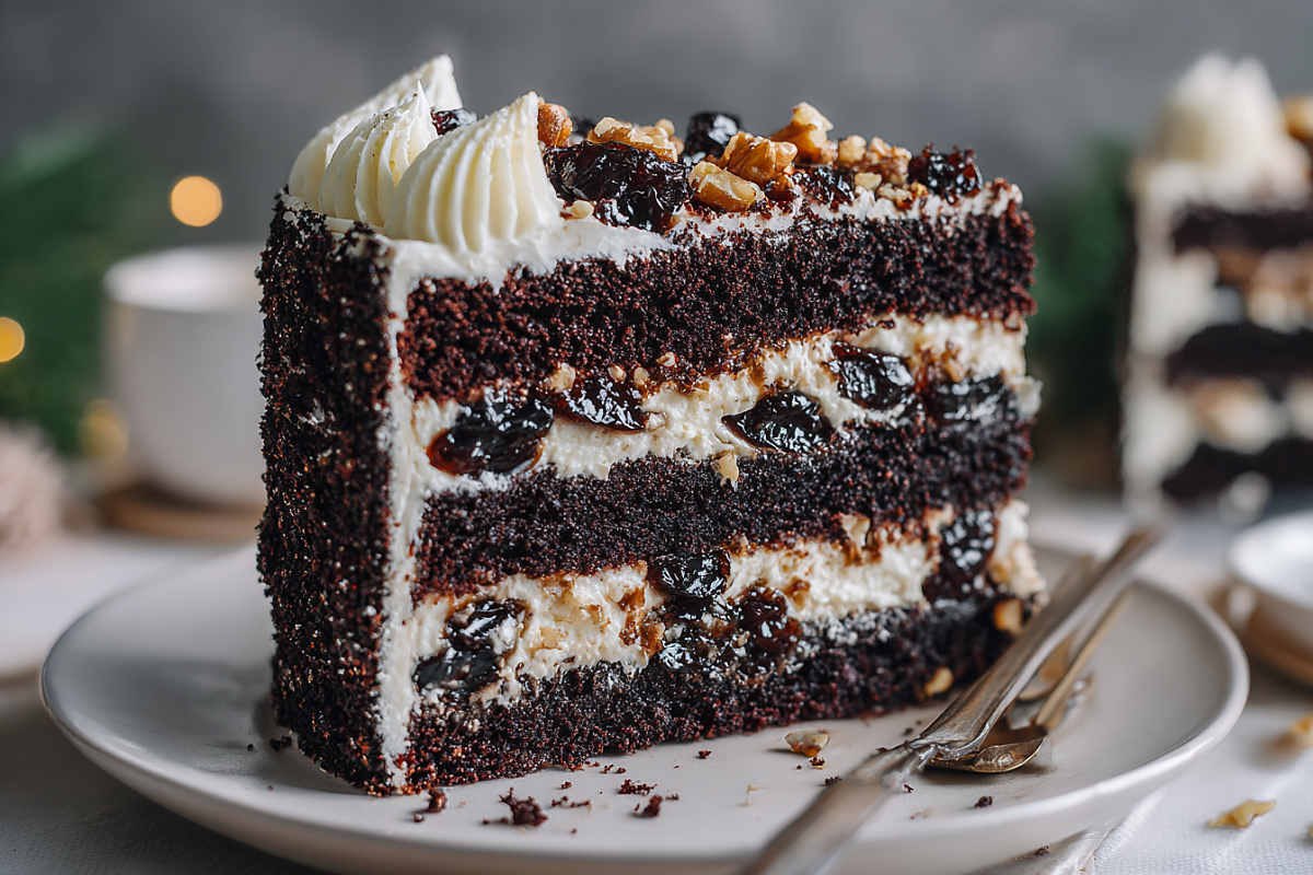 Шоколадный бисквит с черносливом и орехами – нежные слои пропитаны сиропом, крем тает во рту 