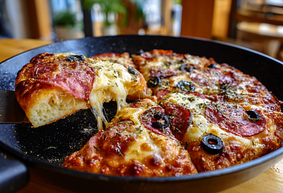 Пицца на сковороде без духовки и дрожжей: добавила кефир и сметану в тесто, и корж получился воздушным с хрустящей корочкой