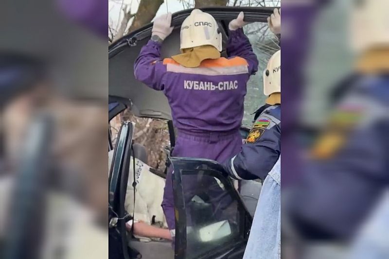 Водителя зажало в искореженной легковушке после столкновения с деревом на Кубани