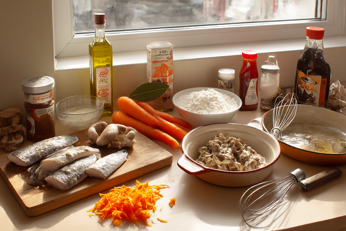 Рыба под маринадом, но вкусная: треска в духовке с грибным соусом снизу