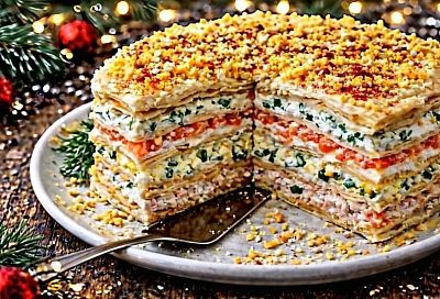 Закусочный торт «Наполеон», из готового слоеного теста. Вместо салатов и закусок. Три разных начинки