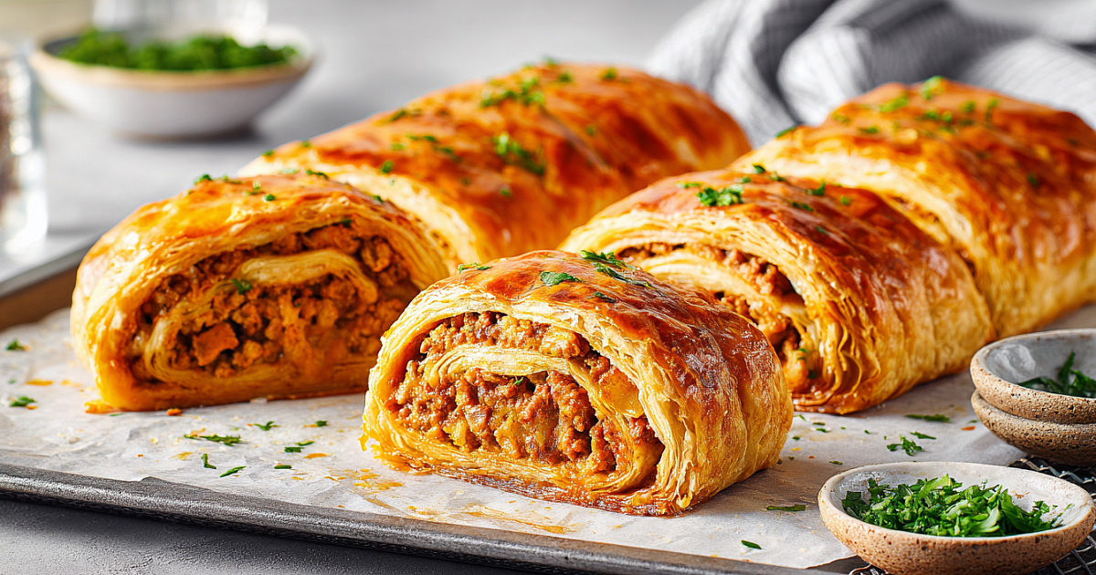Слоёные мясные рулеты – хрустящее тесто, сочная начинка с курицей и говядиной, тают во рту как пирожки из детства