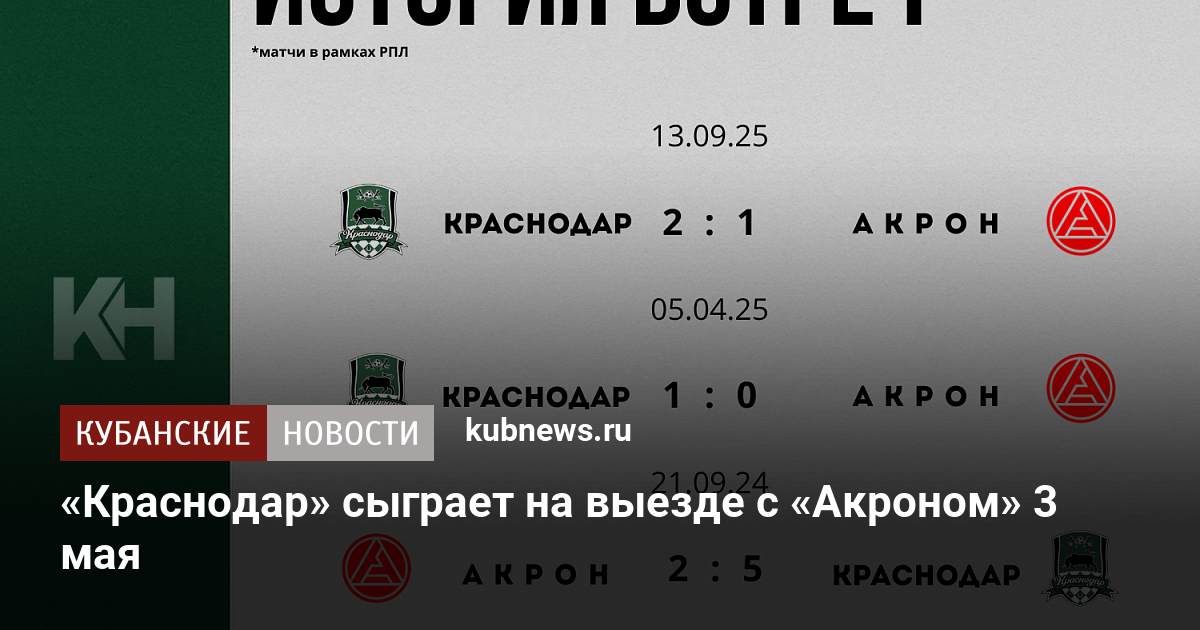 «Краснодар» сыграет на выезде с «Акроном» 3 мая
