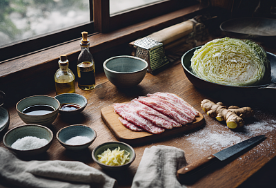 Обваливаю тонкие ломтики свинины в муке, обжариваю и тушу с тёртым имбирём — и через 10 минут на столе сочный шога-яки