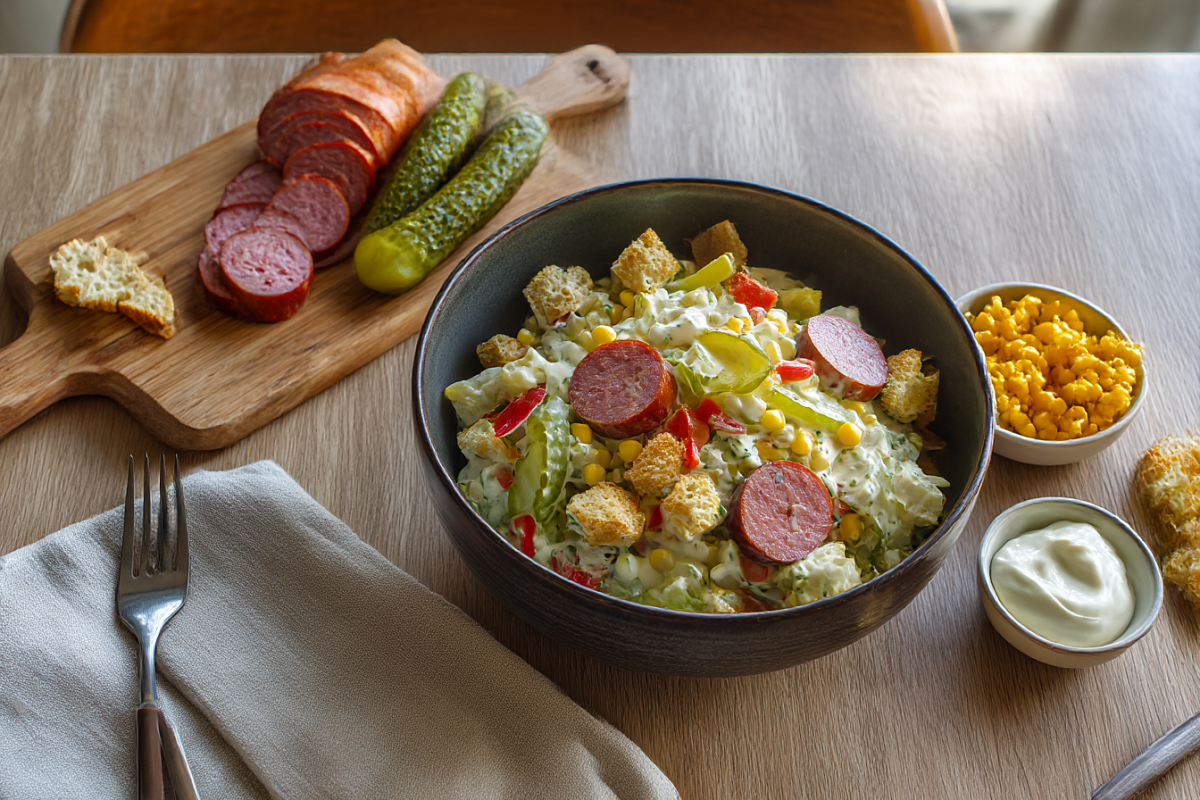 Яркий салат с подкопчённой колбаской и хрустящими бочковыми огурцами