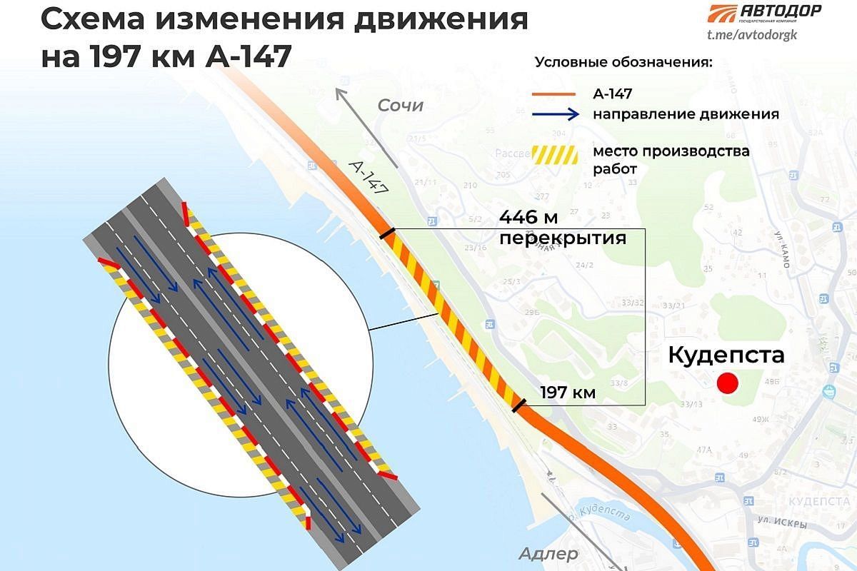 Схема движения изменится на трассе А-147 в микрорайоне Кудепста в Сочи